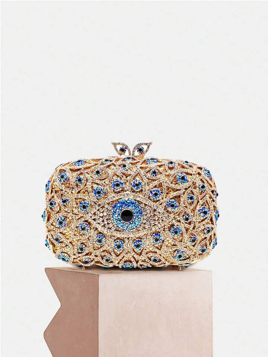 CM-BGS227373 Women Trendy Seoul Style Evil Eye Crystal Rhinestone Blingbling Evening Bag With Chain - Gold