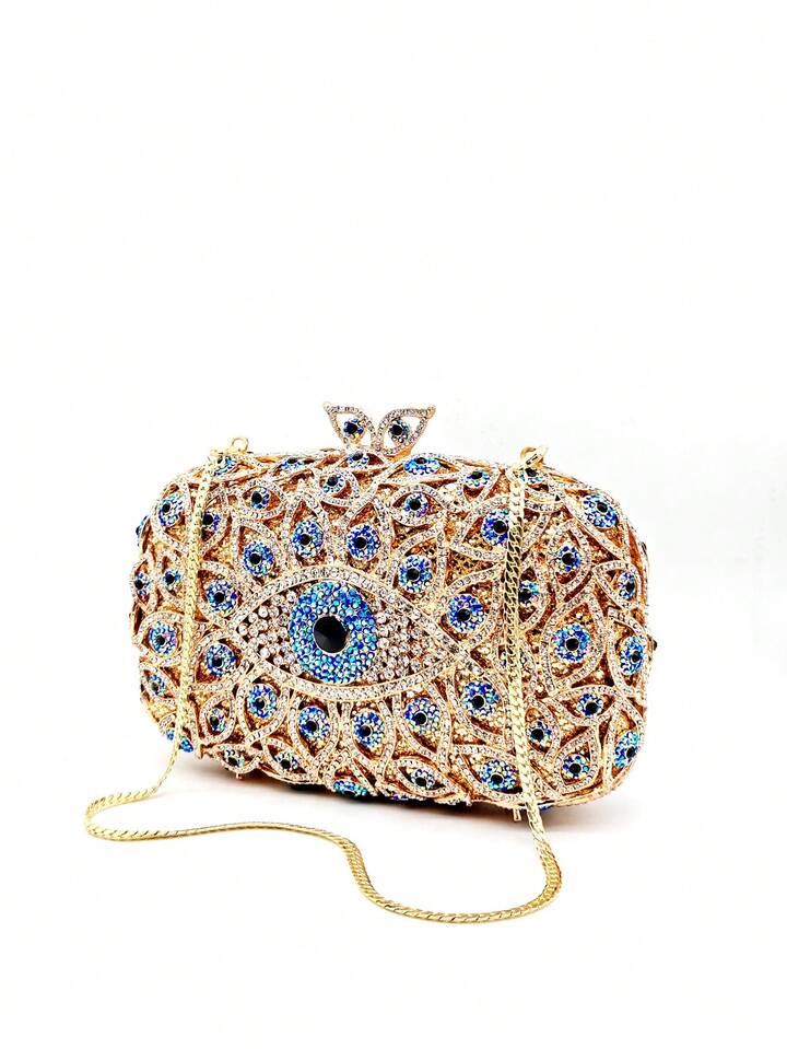CM-BGS227373 Women Trendy Seoul Style Evil Eye Crystal Rhinestone Blingbling Evening Bag With Chain - Gold