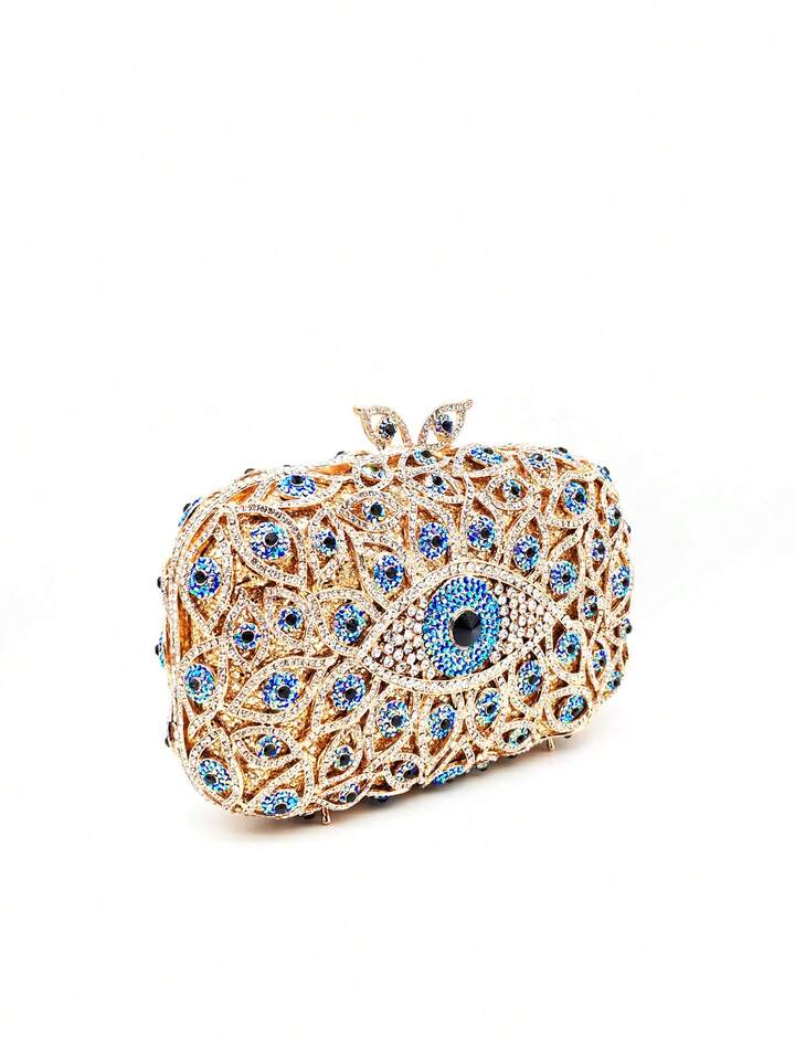 CM-BGS227373 Women Trendy Seoul Style Evil Eye Crystal Rhinestone Blingbling Evening Bag With Chain - Gold