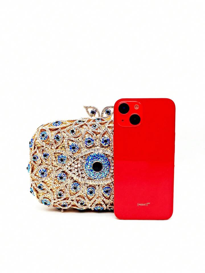 CM-BGS227373 Women Trendy Seoul Style Evil Eye Crystal Rhinestone Blingbling Evening Bag With Chain - Gold
