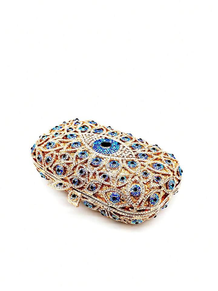 CM-BGS227373 Women Trendy Seoul Style Evil Eye Crystal Rhinestone Blingbling Evening Bag With Chain - Gold