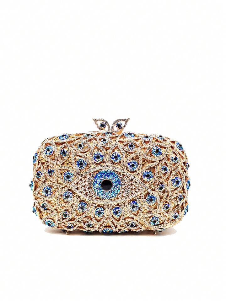 CM-BGS227373 Women Trendy Seoul Style Evil Eye Crystal Rhinestone Blingbling Evening Bag With Chain - Gold