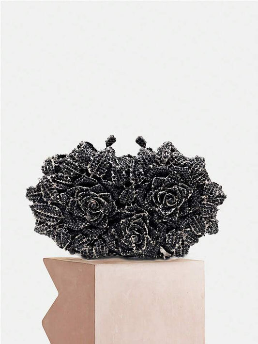 CM-BGS199988 Women Trendy Seoul Style Glitter Bling Floral Design Crystal Evening Bag - Black