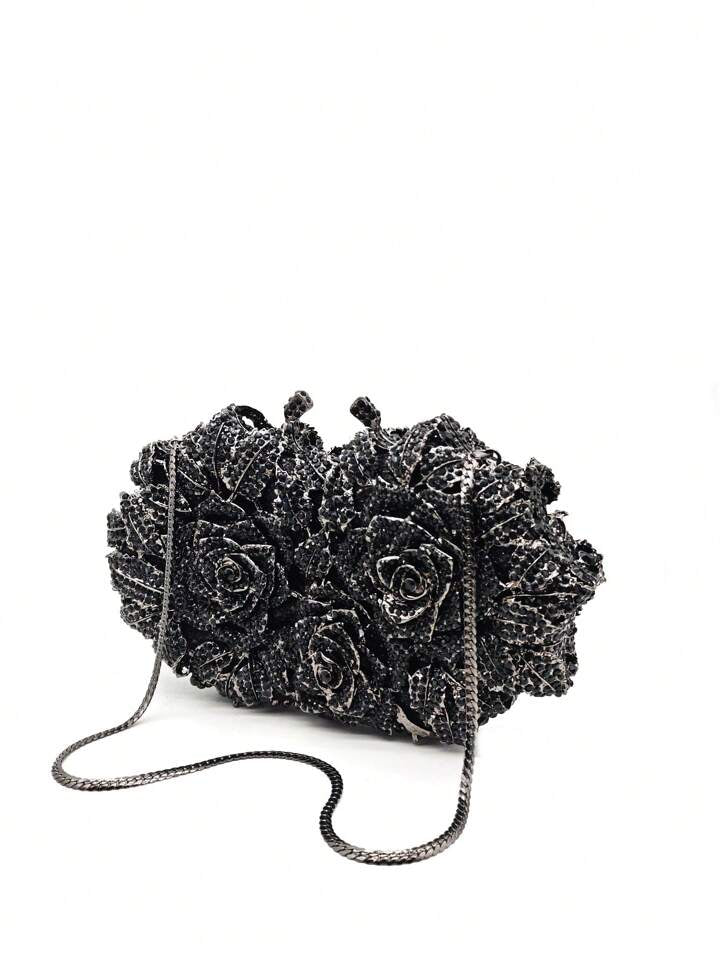 CM-BGS199988 Women Trendy Seoul Style Glitter Bling Floral Design Crystal Evening Bag - Black