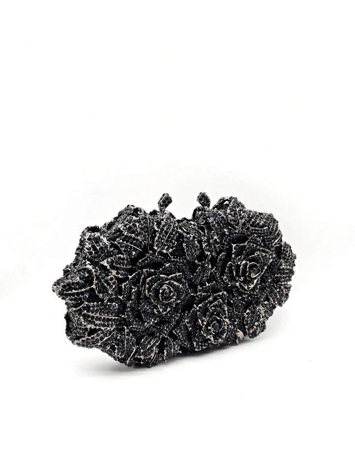 CM-BGS199988 Women Trendy Seoul Style Glitter Bling Floral Design Crystal Evening Bag - Black