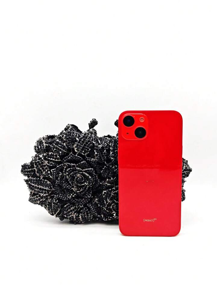 CM-BGS199988 Women Trendy Seoul Style Glitter Bling Floral Design Crystal Evening Bag - Black