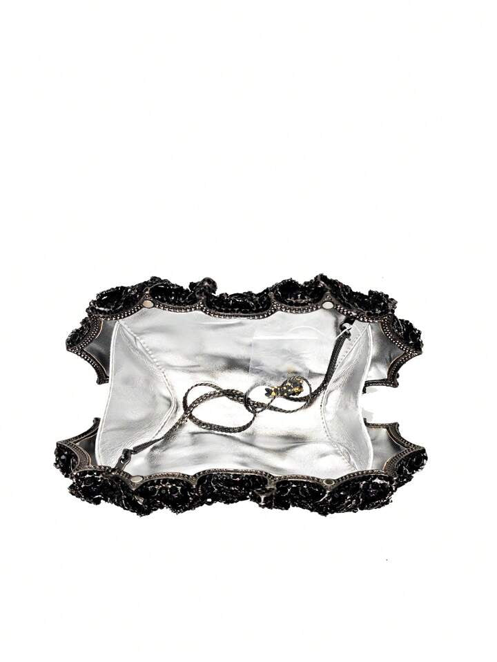 CM-BGS199988 Women Trendy Seoul Style Glitter Bling Floral Design Crystal Evening Bag - Black