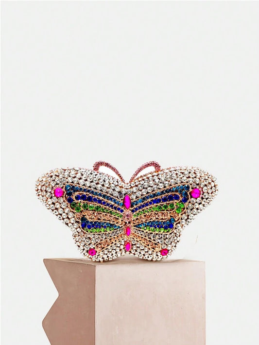 CM-BGS164955 Women Trendy Seoul Style Butterfly Rhinestone Crystal Clutch Bag With Chain Strap