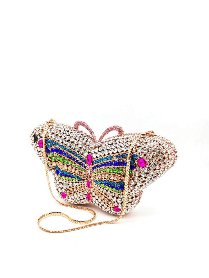 CM-BGS164955 Women Trendy Seoul Style Butterfly Rhinestone Crystal Clutch Bag With Chain Strap