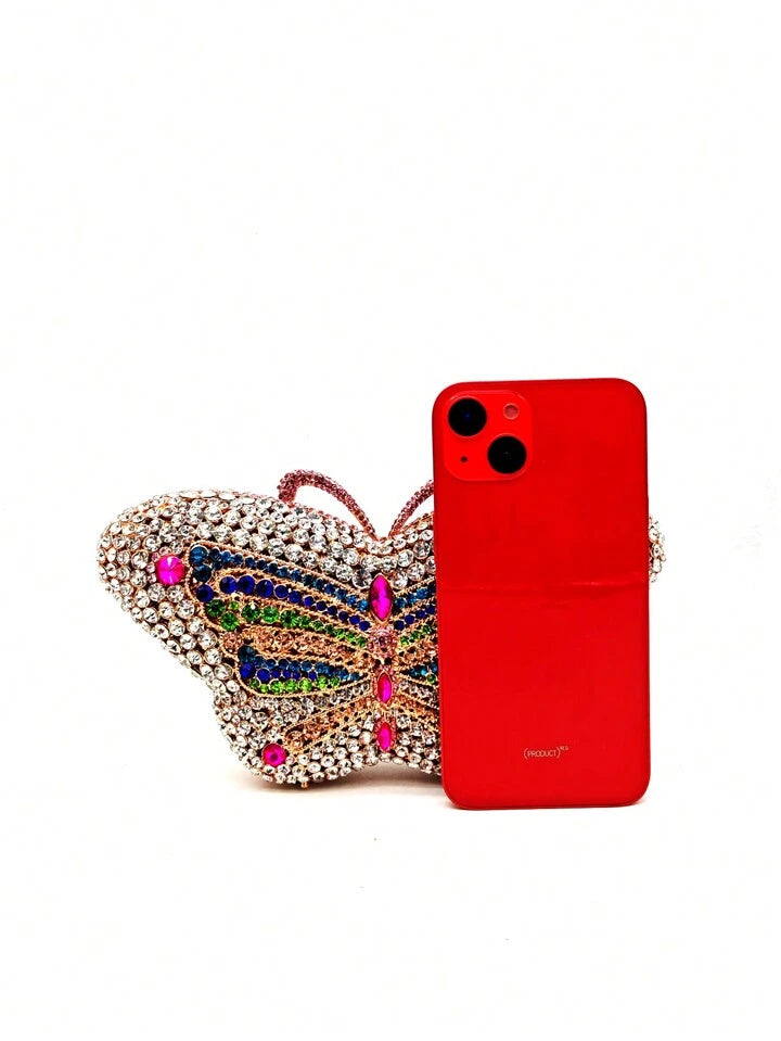 CM-BGS164955 Women Trendy Seoul Style Butterfly Rhinestone Crystal Clutch Bag With Chain Strap