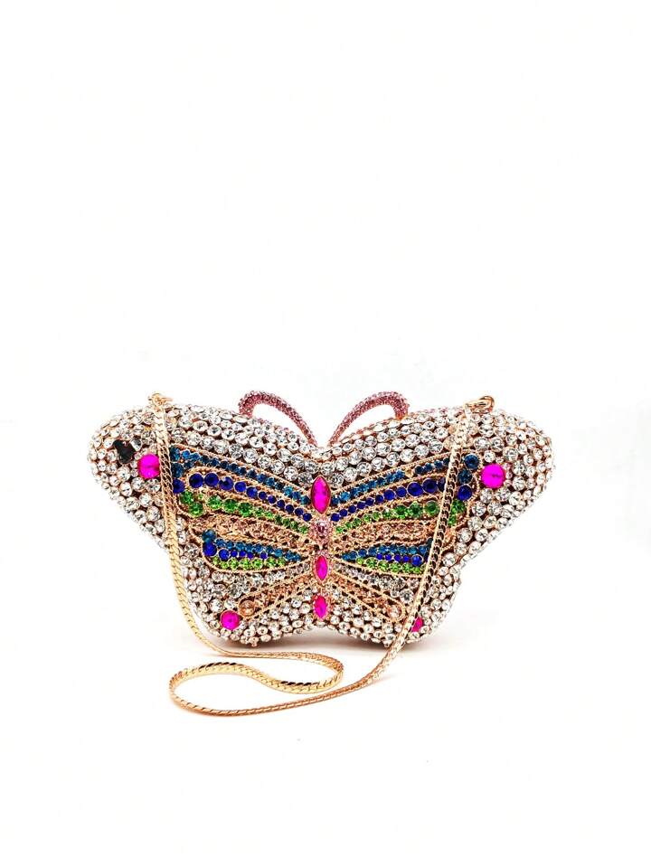 CM-BGS164955 Women Trendy Seoul Style Butterfly Rhinestone Crystal Clutch Bag With Chain Strap