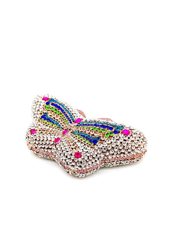 CM-BGS164955 Women Trendy Seoul Style Butterfly Rhinestone Crystal Clutch Bag With Chain Strap