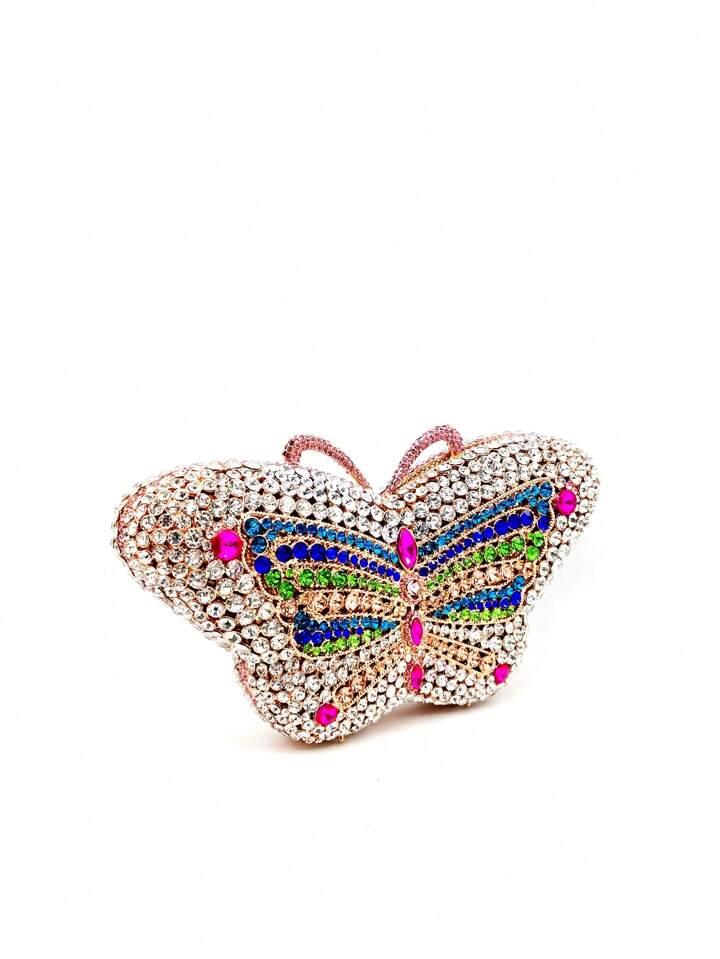 CM-BGS164955 Women Trendy Seoul Style Butterfly Rhinestone Crystal Clutch Bag With Chain Strap