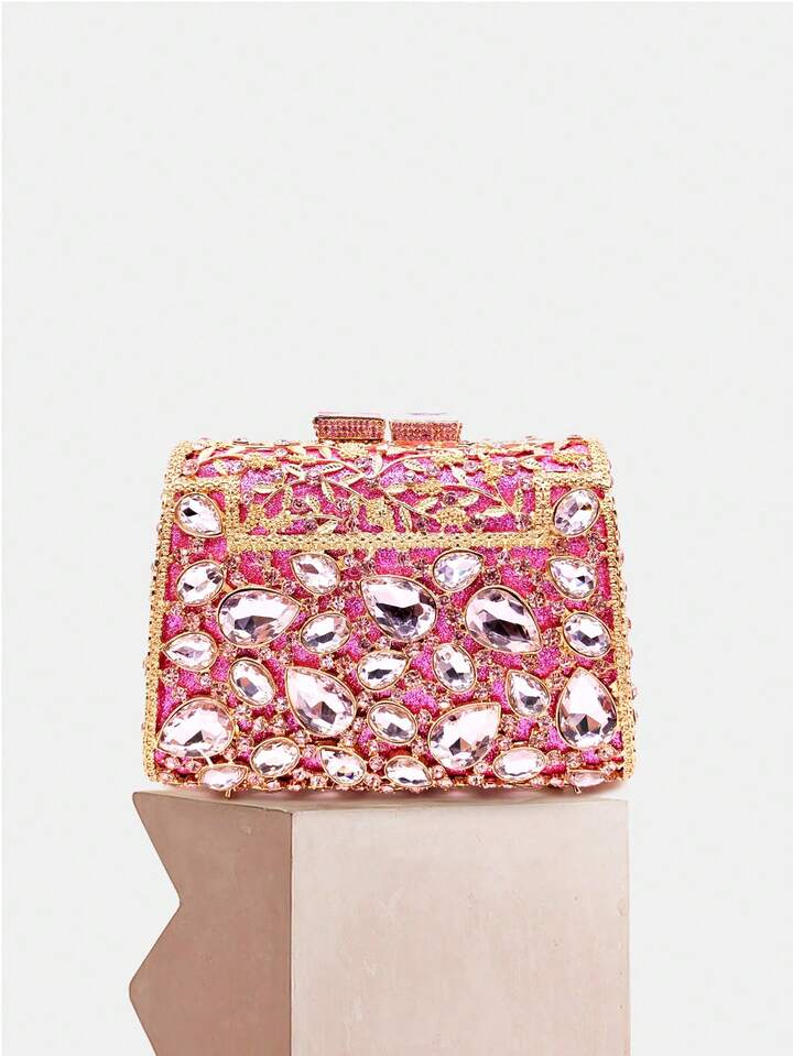 CM-BGS787648 Women Trendy Seoul Style Glitter Bling Crystal Rhinestone Glass Clutch Handbag - Pink