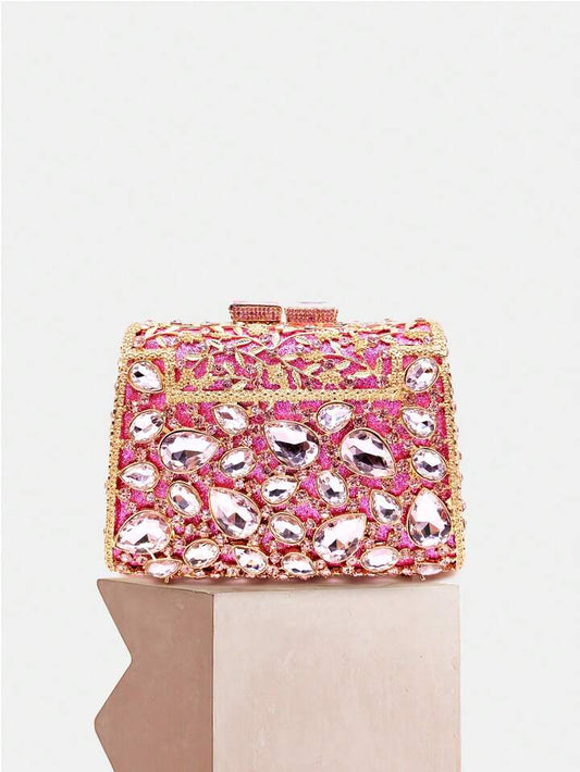 CM-BGS787648 Women Trendy Seoul Style Glitter Bling Crystal Rhinestone Glass Clutch Handbag - Pink