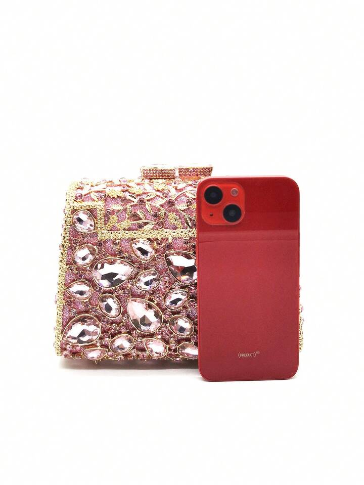 CM-BGS787648 Women Trendy Seoul Style Glitter Bling Crystal Rhinestone Glass Clutch Handbag - Pink