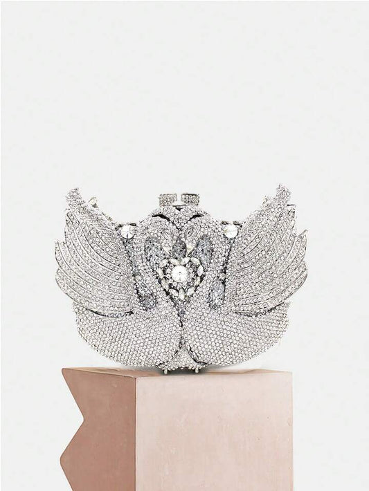 CM-BGS844441 Women Trendy Seoul Style Swan Design Rhinestone Crystal Evening Purse - Silver
