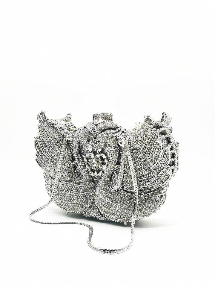 CM-BGS844441 Women Trendy Seoul Style Swan Design Rhinestone Crystal Evening Purse - Silver