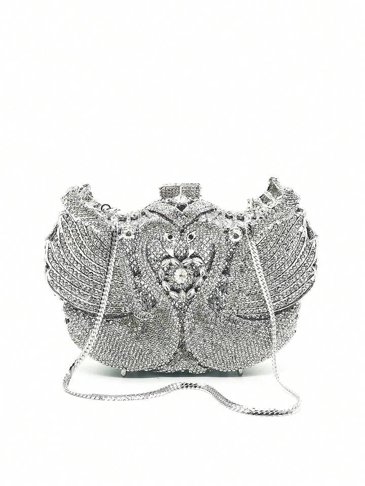 CM-BGS844441 Women Trendy Seoul Style Swan Design Rhinestone Crystal Evening Purse - Silver