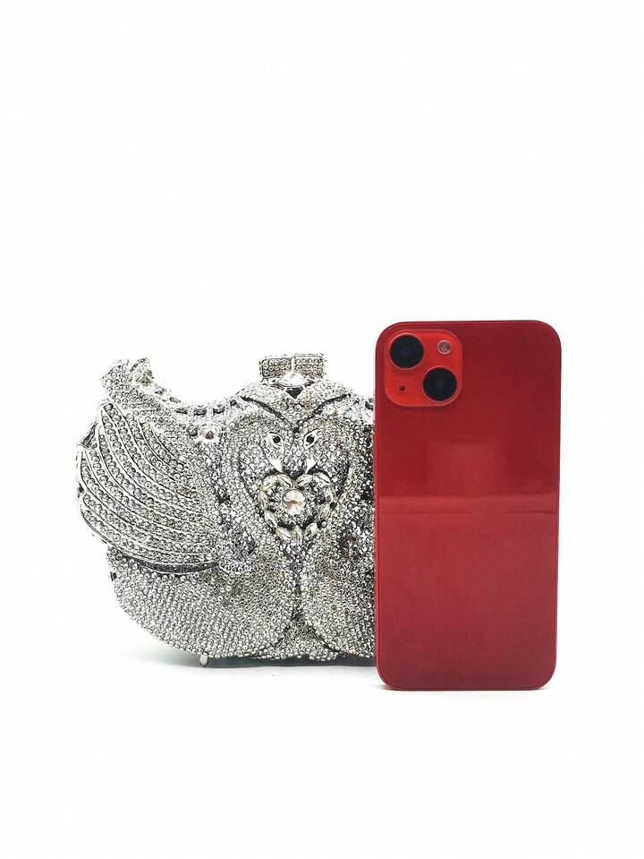 CM-BGS844441 Women Trendy Seoul Style Swan Design Rhinestone Crystal Evening Purse - Silver