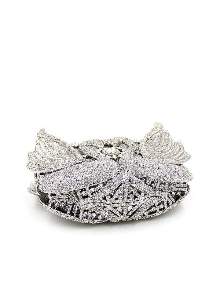 CM-BGS844441 Women Trendy Seoul Style Swan Design Rhinestone Crystal Evening Purse - Silver