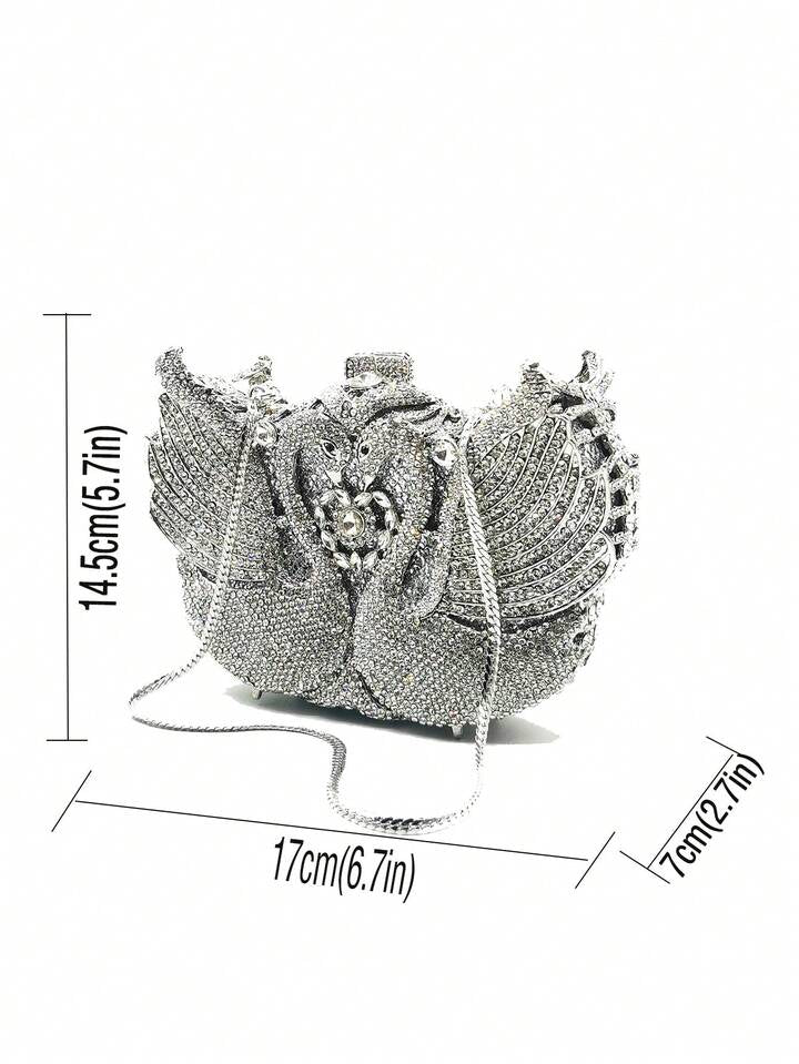 CM-BGS844441 Women Trendy Seoul Style Swan Design Rhinestone Crystal Evening Purse - Silver