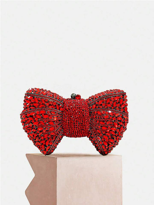 CM-BGS741366 Women Trendy Seoul Style Handmade Crystal Bow Decor Evening Clutch - Red