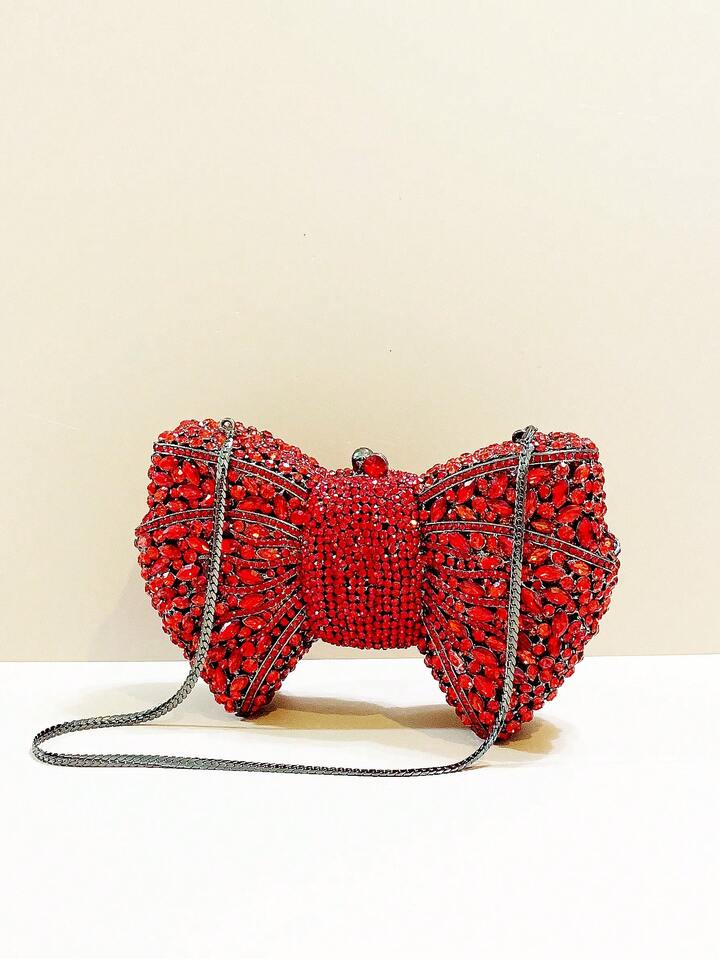 CM-BGS741366 Women Trendy Seoul Style Handmade Crystal Bow Decor Evening Clutch - Red
