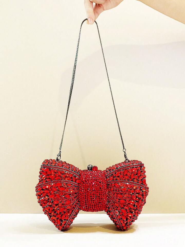 CM-BGS741366 Women Trendy Seoul Style Handmade Crystal Bow Decor Evening Clutch - Red