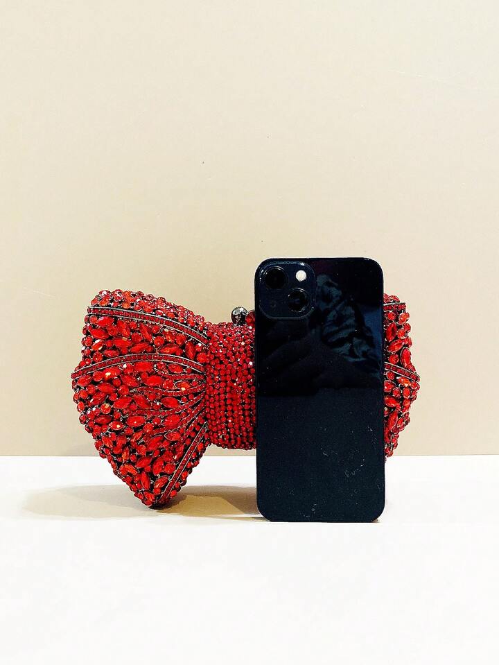 CM-BGS741366 Women Trendy Seoul Style Handmade Crystal Bow Decor Evening Clutch - Red