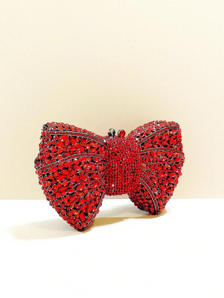 CM-BGS741366 Women Trendy Seoul Style Handmade Crystal Bow Decor Evening Clutch - Red