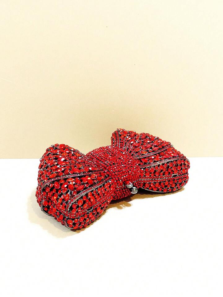 CM-BGS741366 Women Trendy Seoul Style Handmade Crystal Bow Decor Evening Clutch - Red
