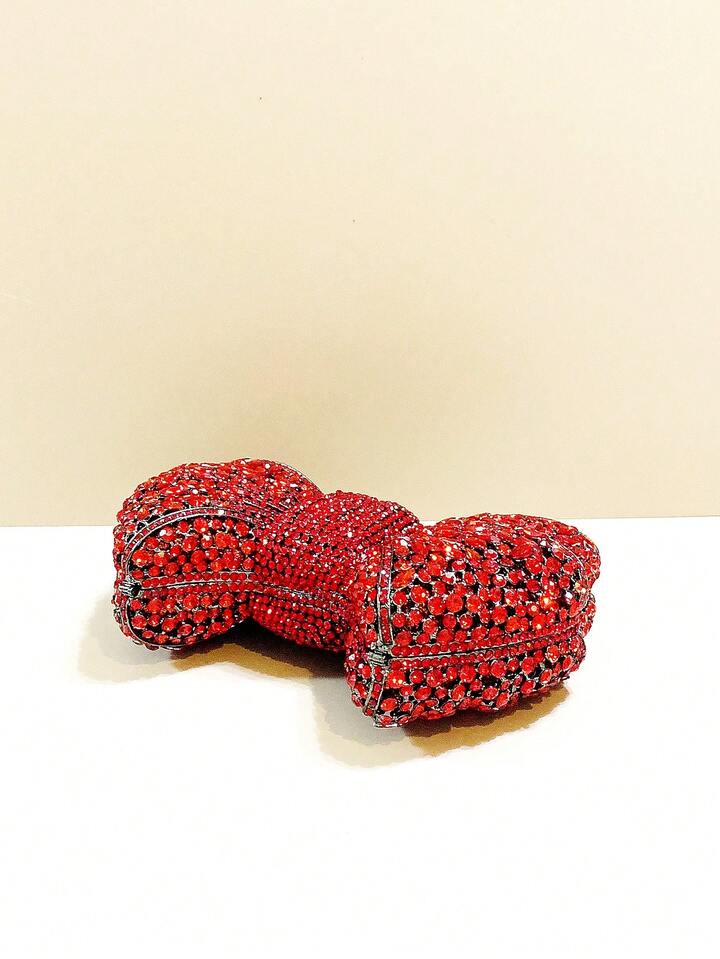 CM-BGS741366 Women Trendy Seoul Style Handmade Crystal Bow Decor Evening Clutch - Red