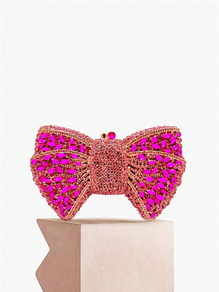 CM-BGS716261 Women Trendy Seoul Style Handmade Crystal Bow Decor Evening Clutch - Hot Pink