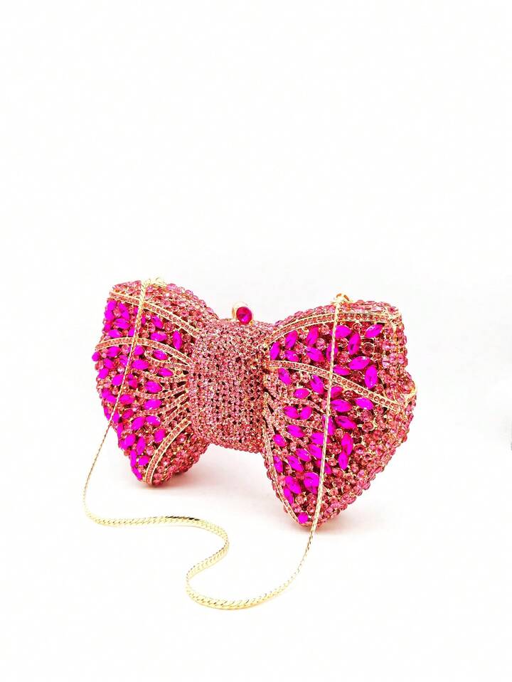 CM-BGS716261 Women Trendy Seoul Style Handmade Crystal Bow Decor Evening Clutch - Hot Pink