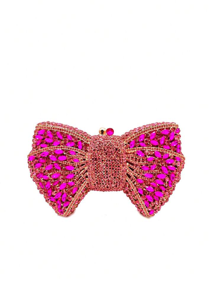 CM-BGS716261 Women Trendy Seoul Style Handmade Crystal Bow Decor Evening Clutch - Hot Pink