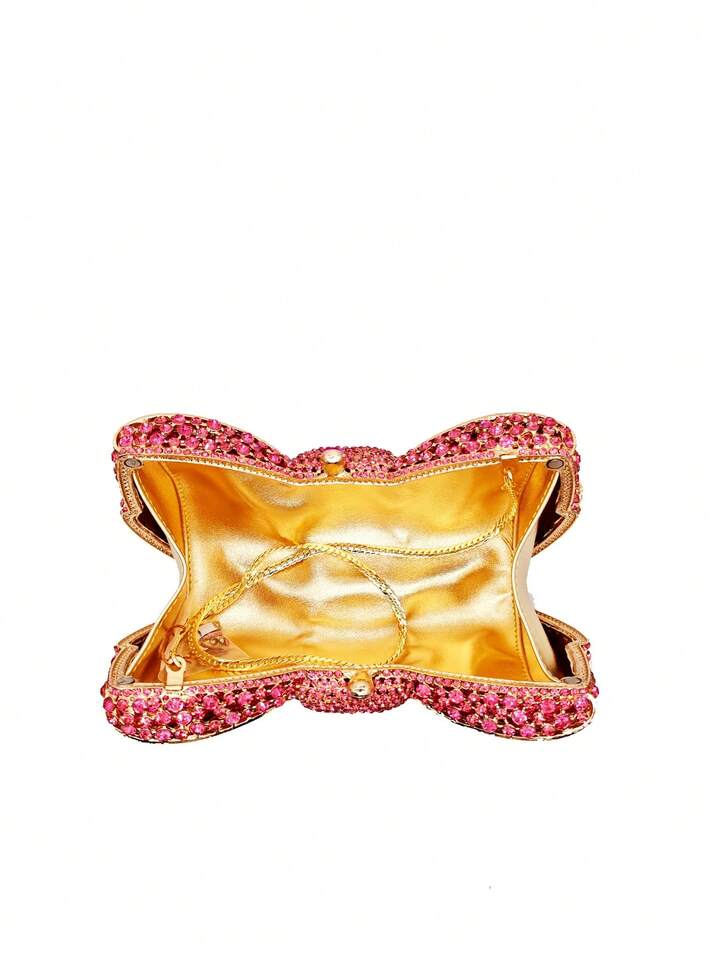 CM-BGS716261 Women Trendy Seoul Style Handmade Crystal Bow Decor Evening Clutch - Hot Pink
