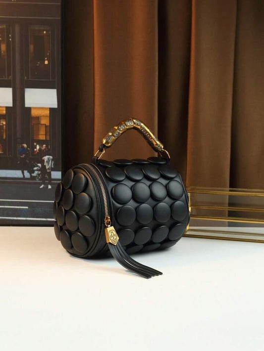 CM-BGS451592 Women Trendy Seoul Style Dotted Pattern Bolster Pillow Shaped Cylinder Bag - Black