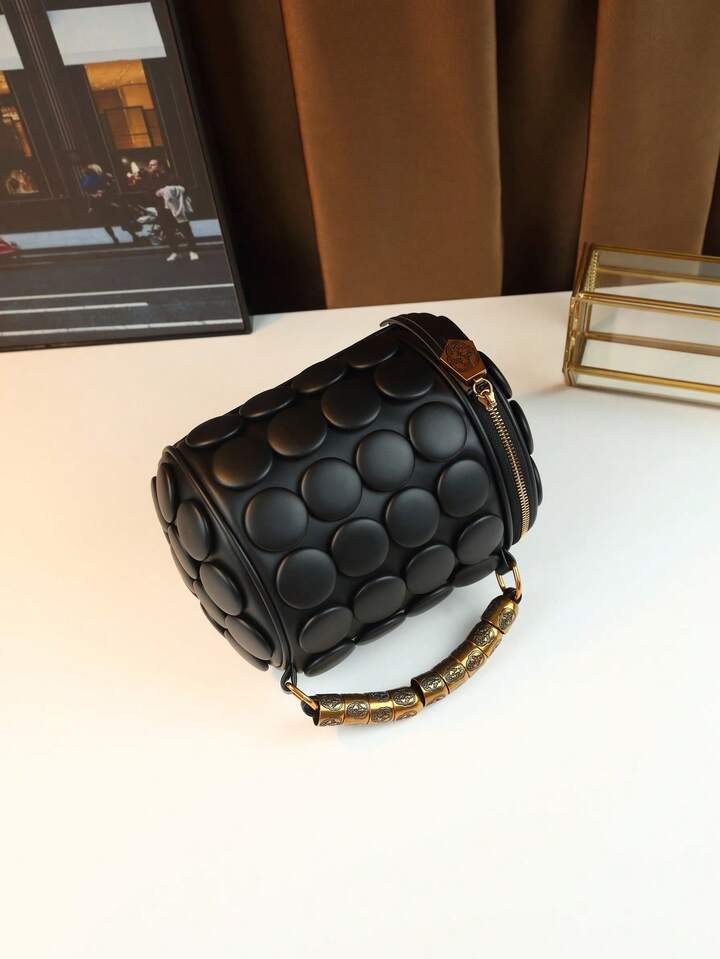 CM-BGS451592 Women Trendy Seoul Style Dotted Pattern Bolster Pillow Shaped Cylinder Bag - Black