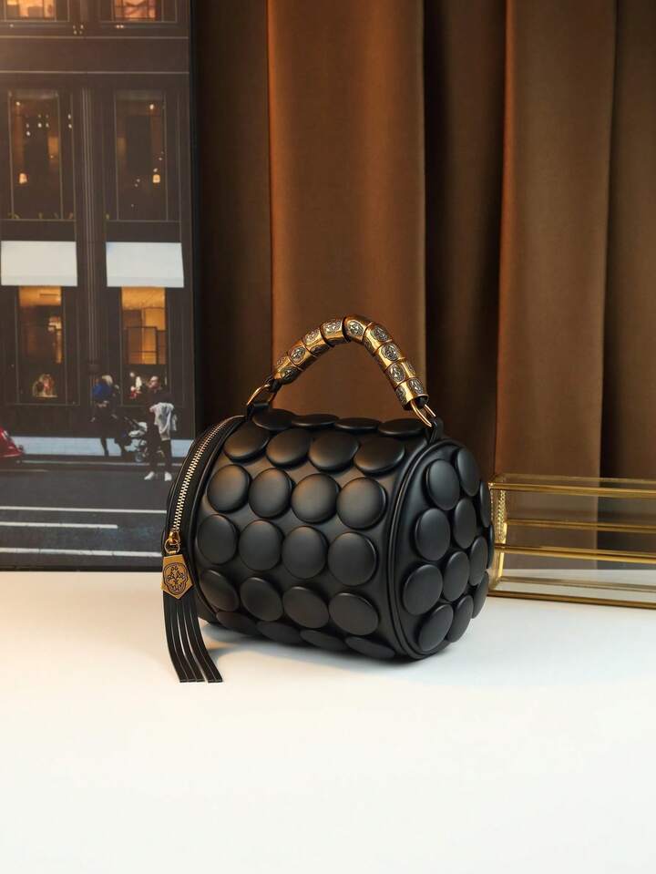 CM-BGS451592 Women Trendy Seoul Style Dotted Pattern Bolster Pillow Shaped Cylinder Bag - Black