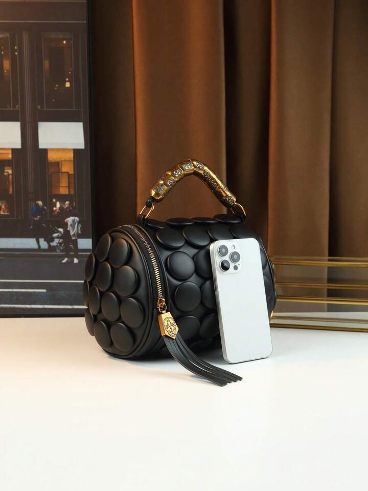 CM-BGS451592 Women Trendy Seoul Style Dotted Pattern Bolster Pillow Shaped Cylinder Bag - Black