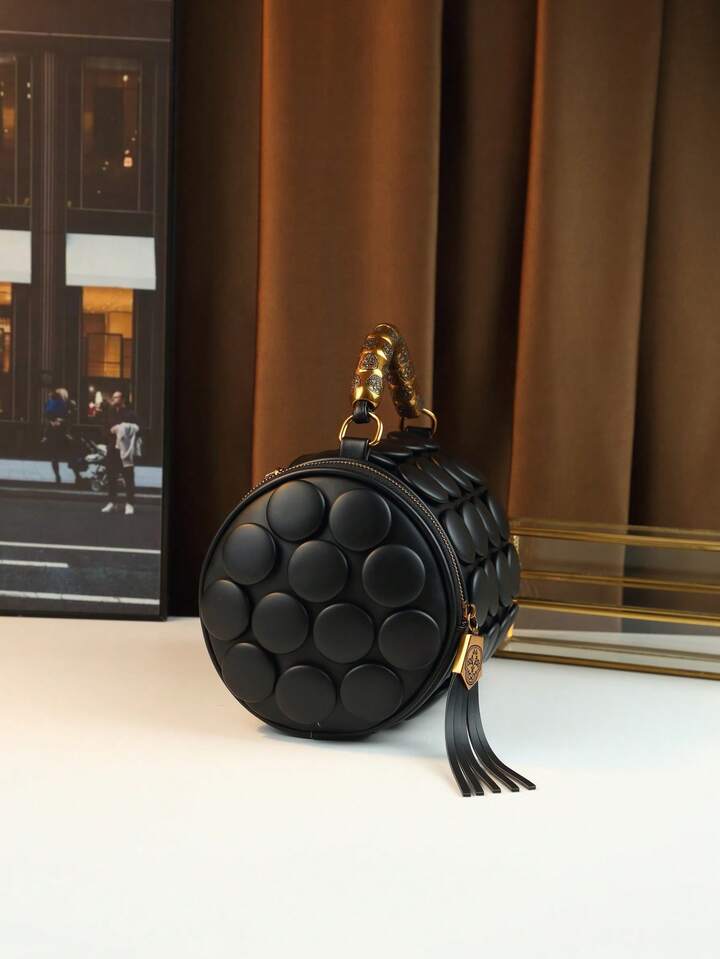 CM-BGS451592 Women Trendy Seoul Style Dotted Pattern Bolster Pillow Shaped Cylinder Bag - Black