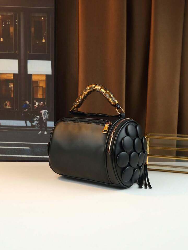 CM-BGS451592 Women Trendy Seoul Style Dotted Pattern Bolster Pillow Shaped Cylinder Bag - Black