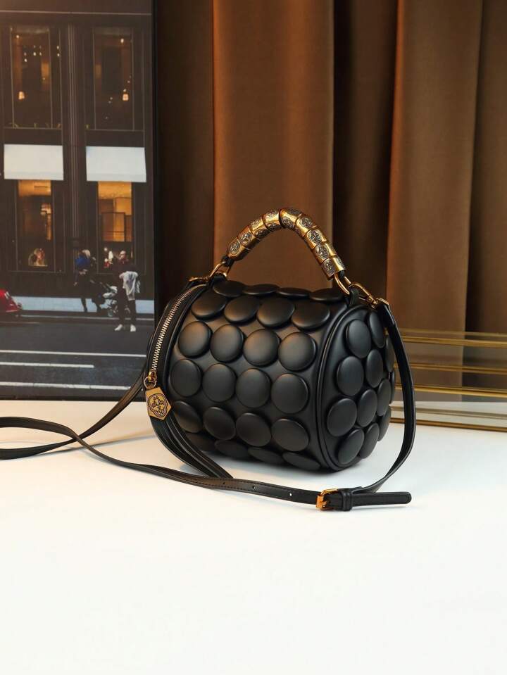 CM-BGS451592 Women Trendy Seoul Style Dotted Pattern Bolster Pillow Shaped Cylinder Bag - Black