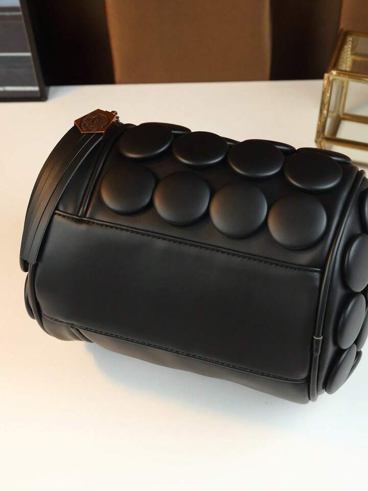 CM-BGS451592 Women Trendy Seoul Style Dotted Pattern Bolster Pillow Shaped Cylinder Bag - Black