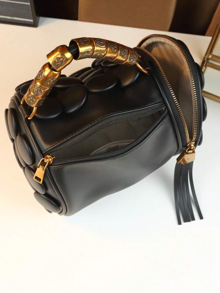 CM-BGS451592 Women Trendy Seoul Style Dotted Pattern Bolster Pillow Shaped Cylinder Bag - Black