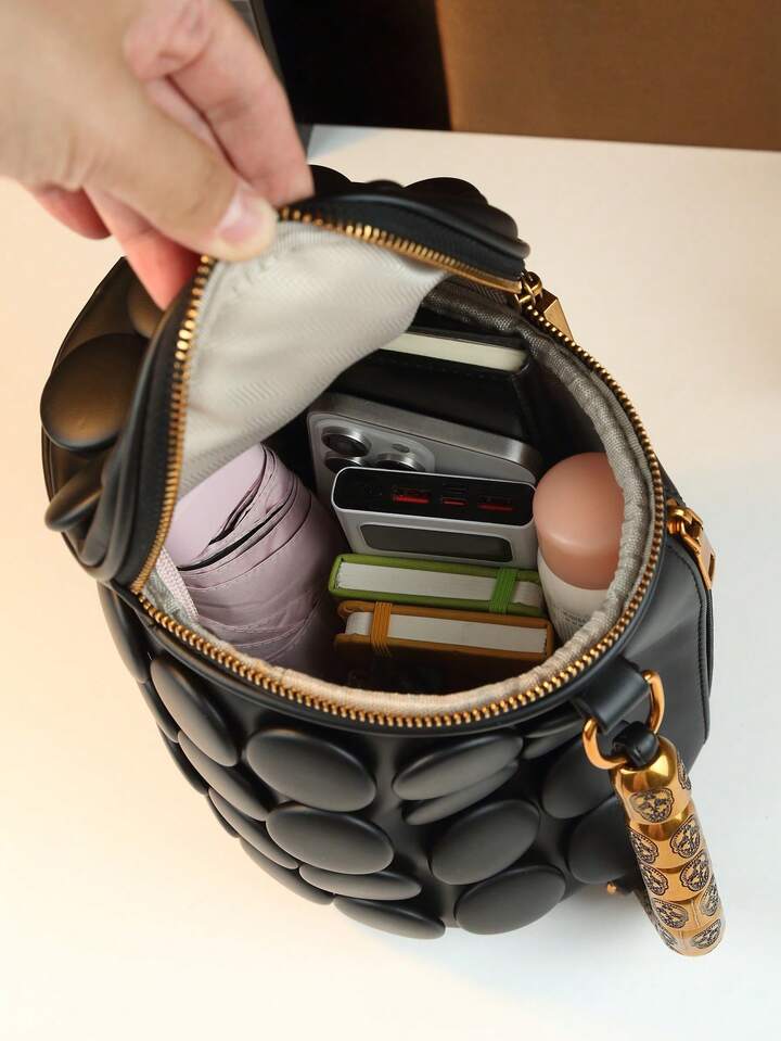 CM-BGS451592 Women Trendy Seoul Style Dotted Pattern Bolster Pillow Shaped Cylinder Bag - Black