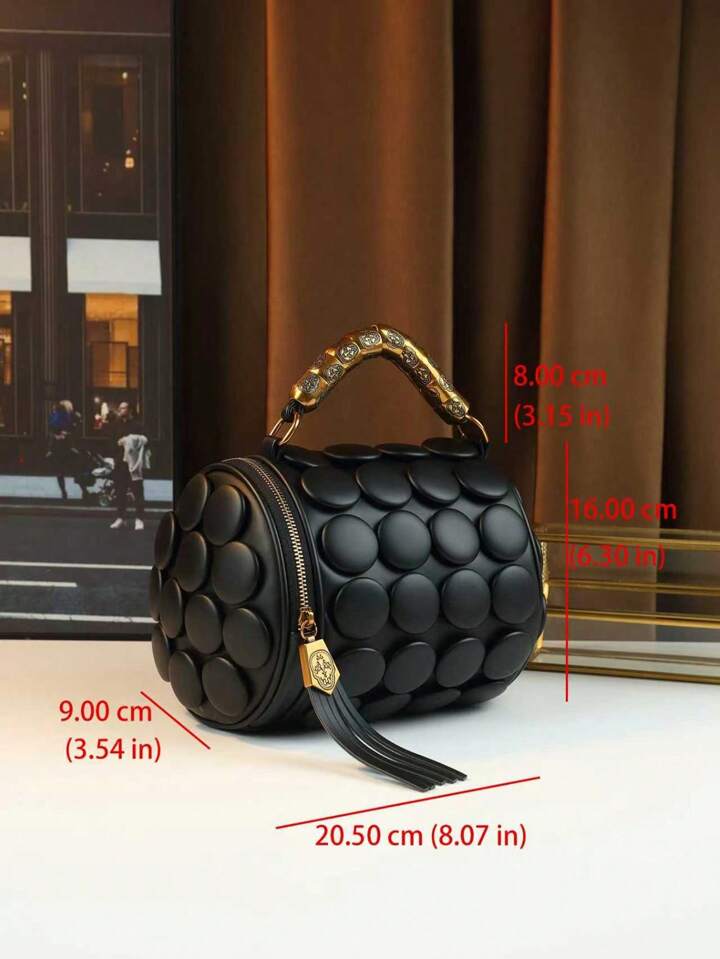 CM-BGS451592 Women Trendy Seoul Style Dotted Pattern Bolster Pillow Shaped Cylinder Bag - Black