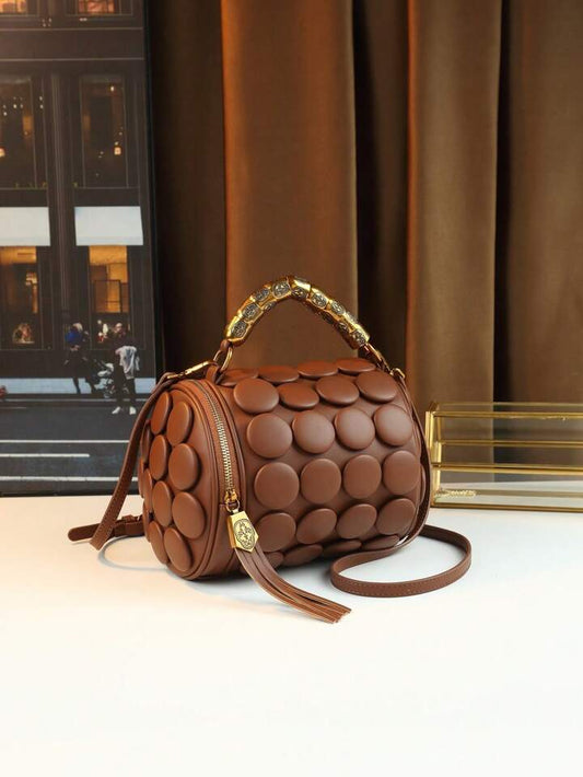 CM-BGS437667 Women Trendy Seoul Style Dotted Pattern Bolster Pillow Shaped Cylinder Bag - Brown