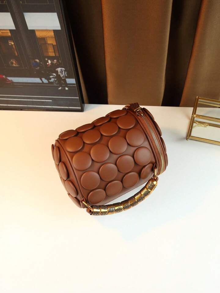 CM-BGS437667 Women Trendy Seoul Style Dotted Pattern Bolster Pillow Shaped Cylinder Bag - Brown